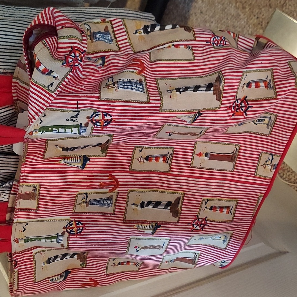 Nautical Coastal Striped Lighthouse Print Double Handle Tote Bag